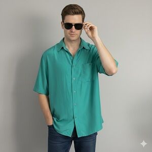 Vintage Turquoise Green Silk Short Sleeve Shirt - Large